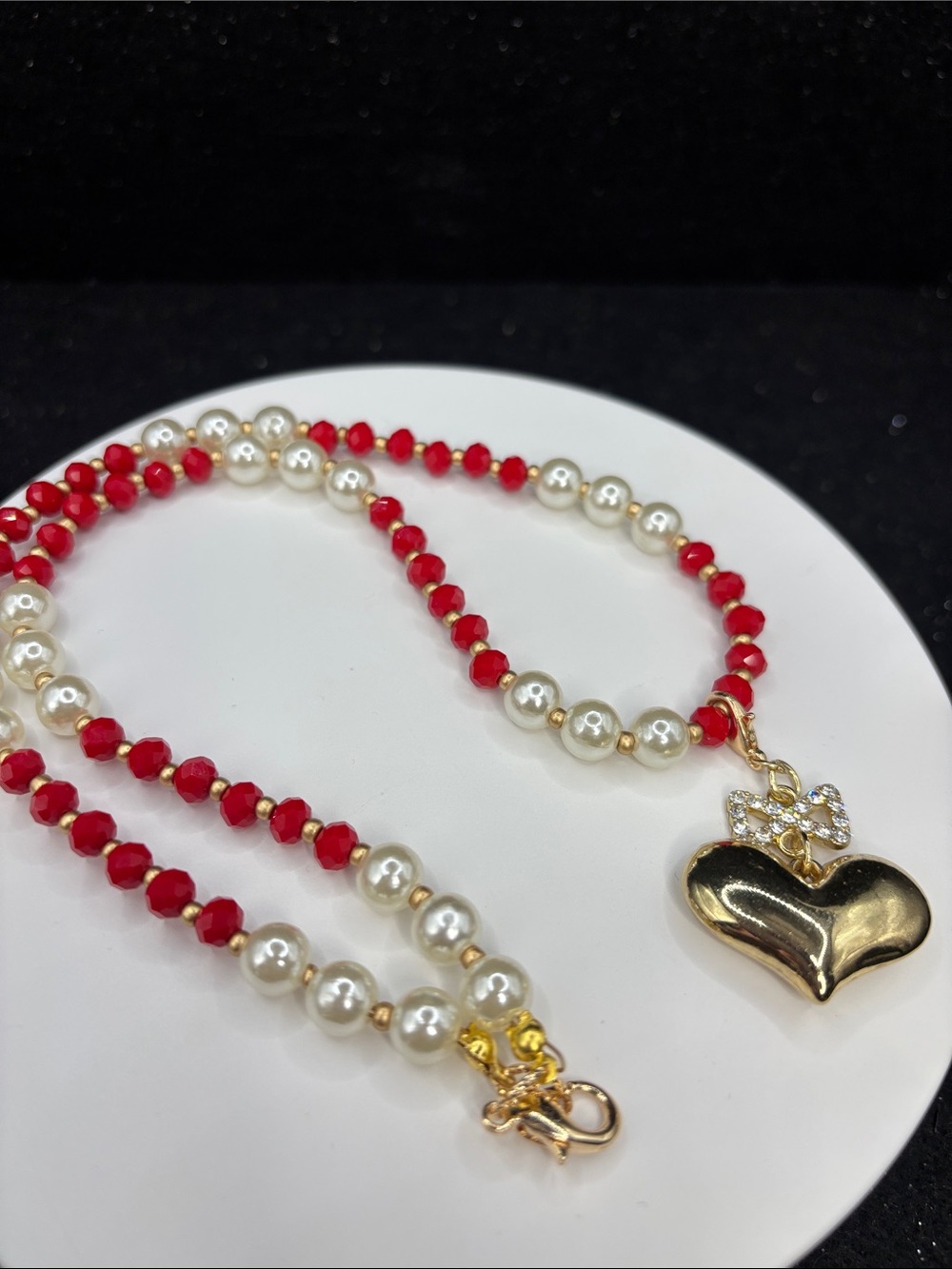 Pearl & Red Bead Necklace with Gold Heart Pendant - Picture 4 of 5